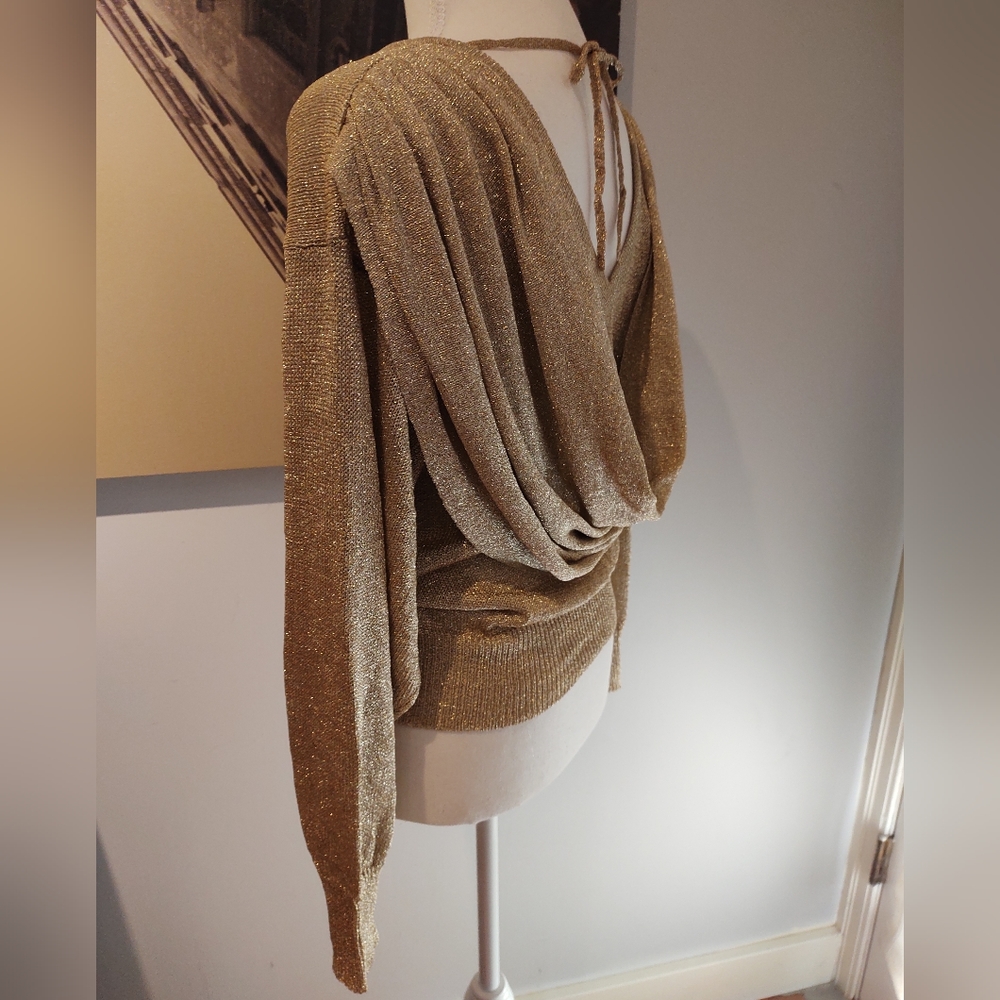 Dramatic Gold Lame Lurex Draped Open Back Evening Sweater | Sz 12-14